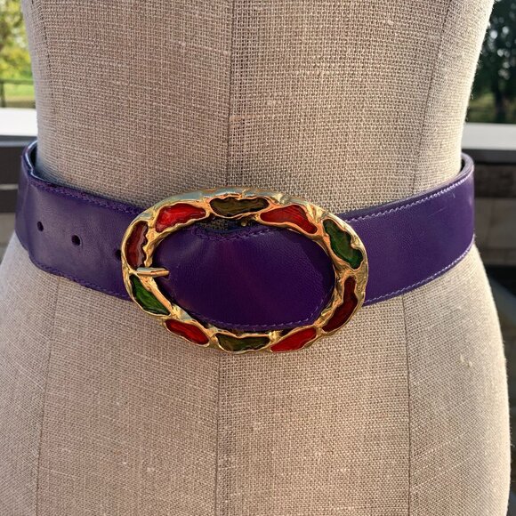Vintage Purple Leather Statement Gold Buckle Retro 80s 90s Glam Waist Belt - Picture 1 of 13